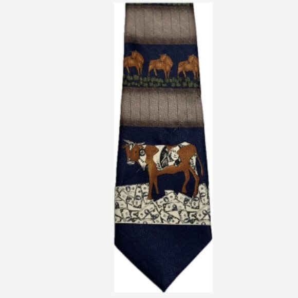 Renaissance Hand Made Tie Classic Cut Blue/Brown/White Cash Cow 100% Polyester - Picture 2 of 4